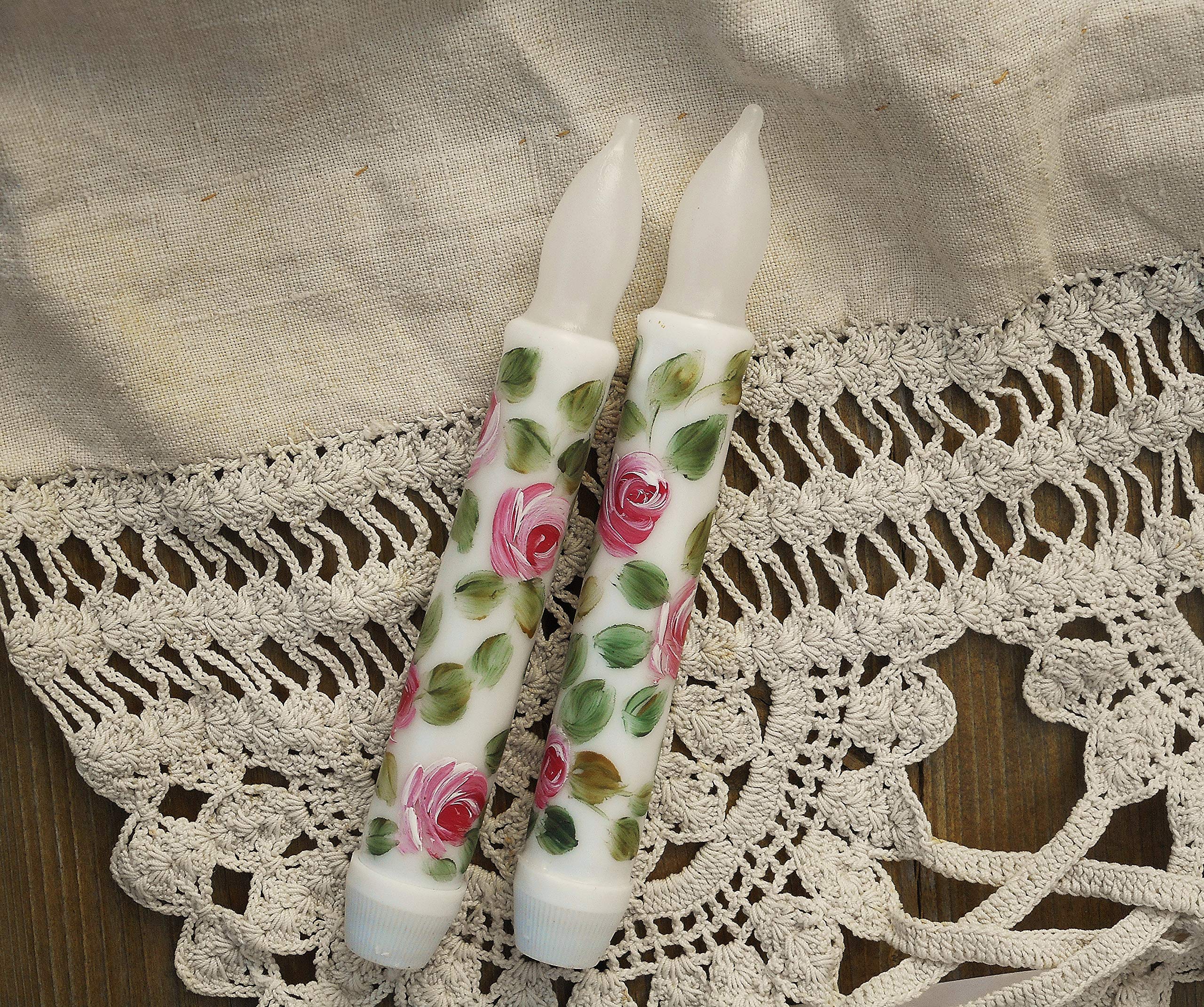 6 Inch Flameless LED Taper Candles with Hand-Painted Pink Roses - Battery Operated Romantic Decorative Candles for Wedding Centerpieces, Spring Home Decor, and Table Settings