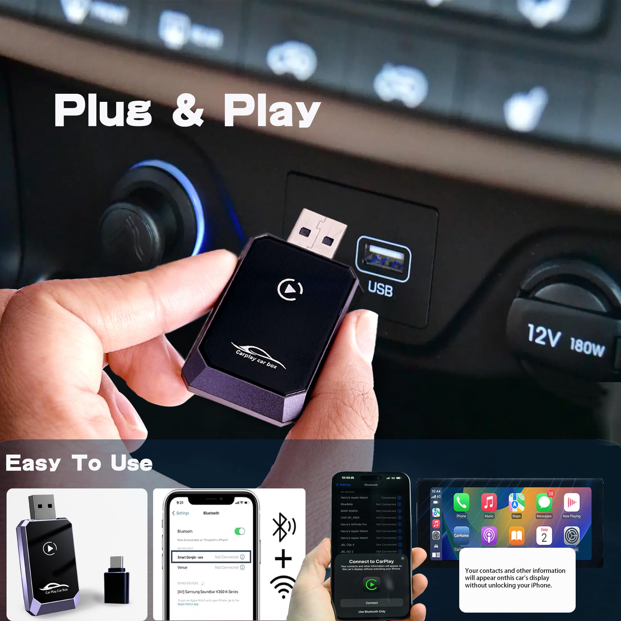 Wireless CarPlay Adapter for iPhone - Convert Wired to Wireless CarPlay Dongle, Plug & Play with Voice Control, Compatible with Apple CarPlay & Android Auto - Perfect for Seamless Hands-Free Driving & Music Streaming