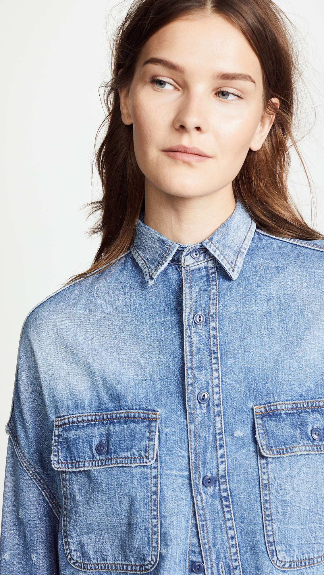 R13 Women's Cropped Denim Shirt - Vintage Washed Distressed Button Up Top for Casual Outfits & Streetwear Style | Perfect for Layering, Music Festivals & Everyday Wear