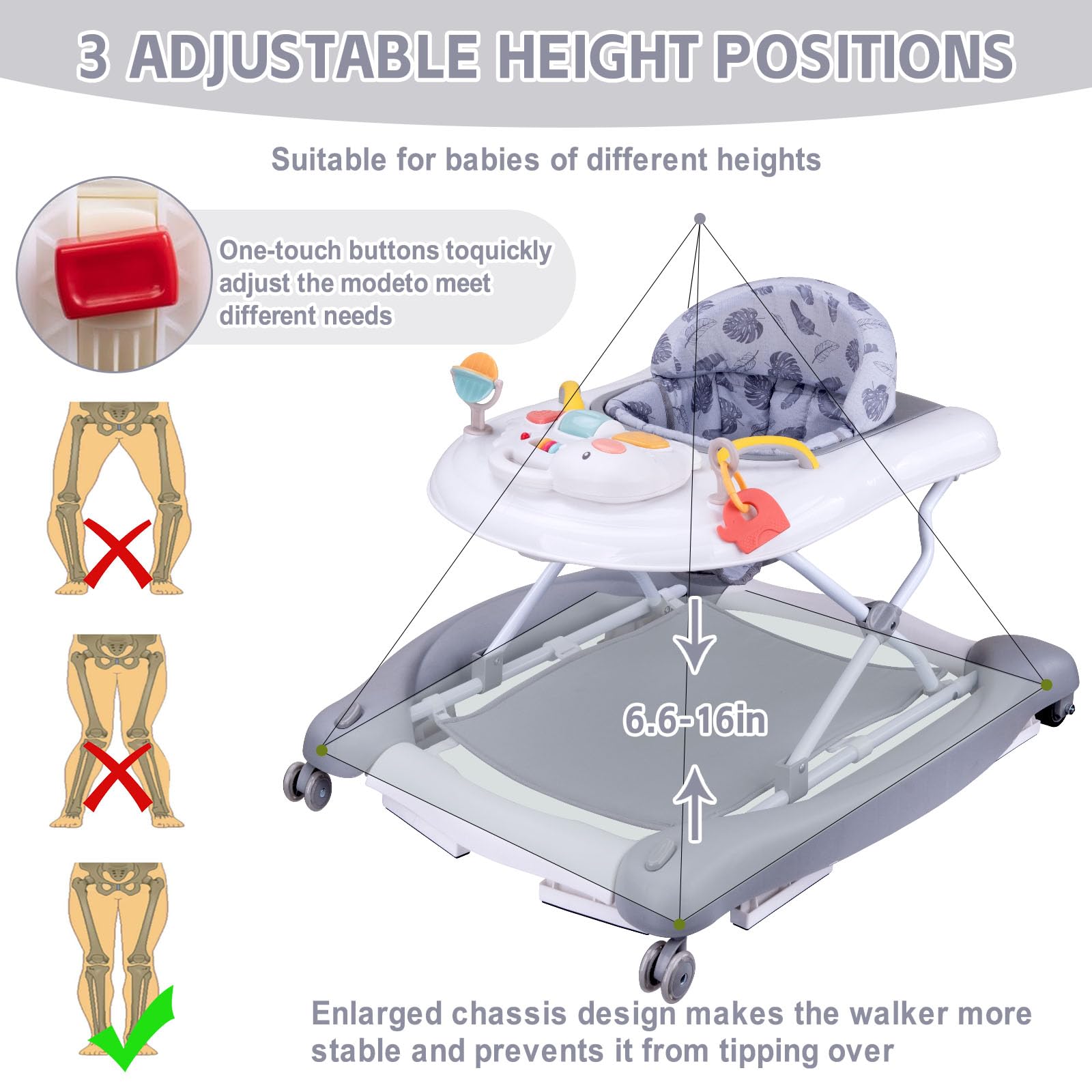 5-in-1 Foldable Baby Walker with Detachable Trampoline Mat - Adjustable Speed Wheels & Height for 6-18 Months (Grey) | Baby Bouncer, Rocker, Activity Center & Push Walker | Perfect for Playtime, Learning to Walk & Indoor Entertainment