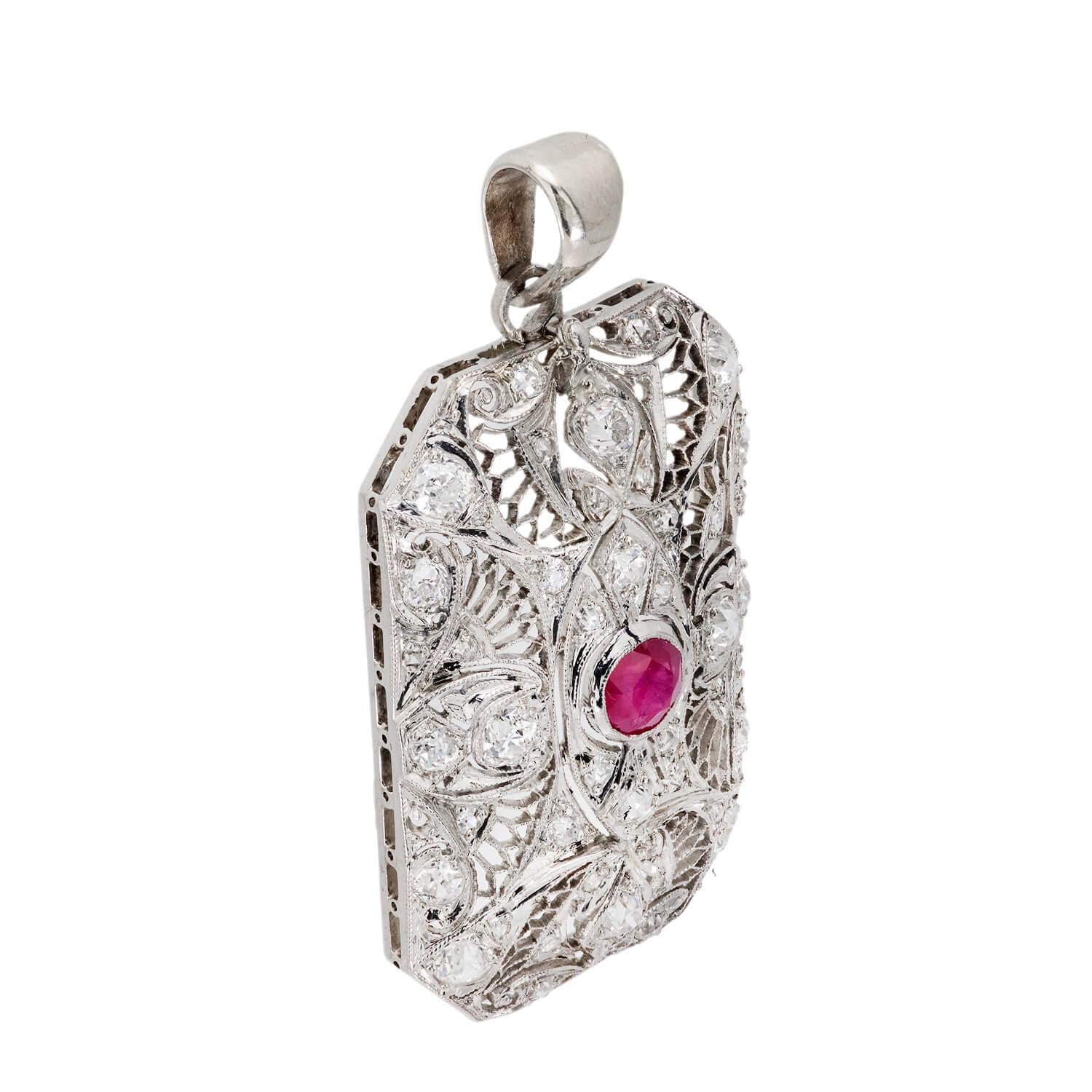 Exquisite Edwardian Platinum Ruby & Diamond Pendant Necklace - Vintage Jewelry for Weddings, Anniversaries & Special Occasions