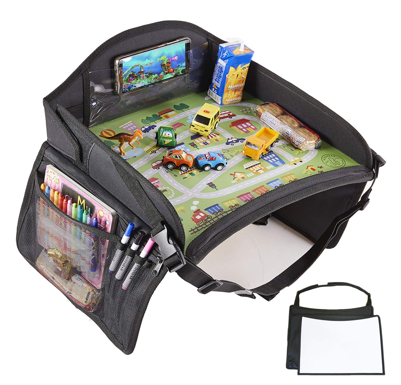 KIDSNEAR Kids Travel Tray for Car Seat - Toddler Activity Tray with iPad Holder, Cup Holder & Dry Erase Board - Perfect for Road Trips, Airplane Travel & Backseat Play (Black)