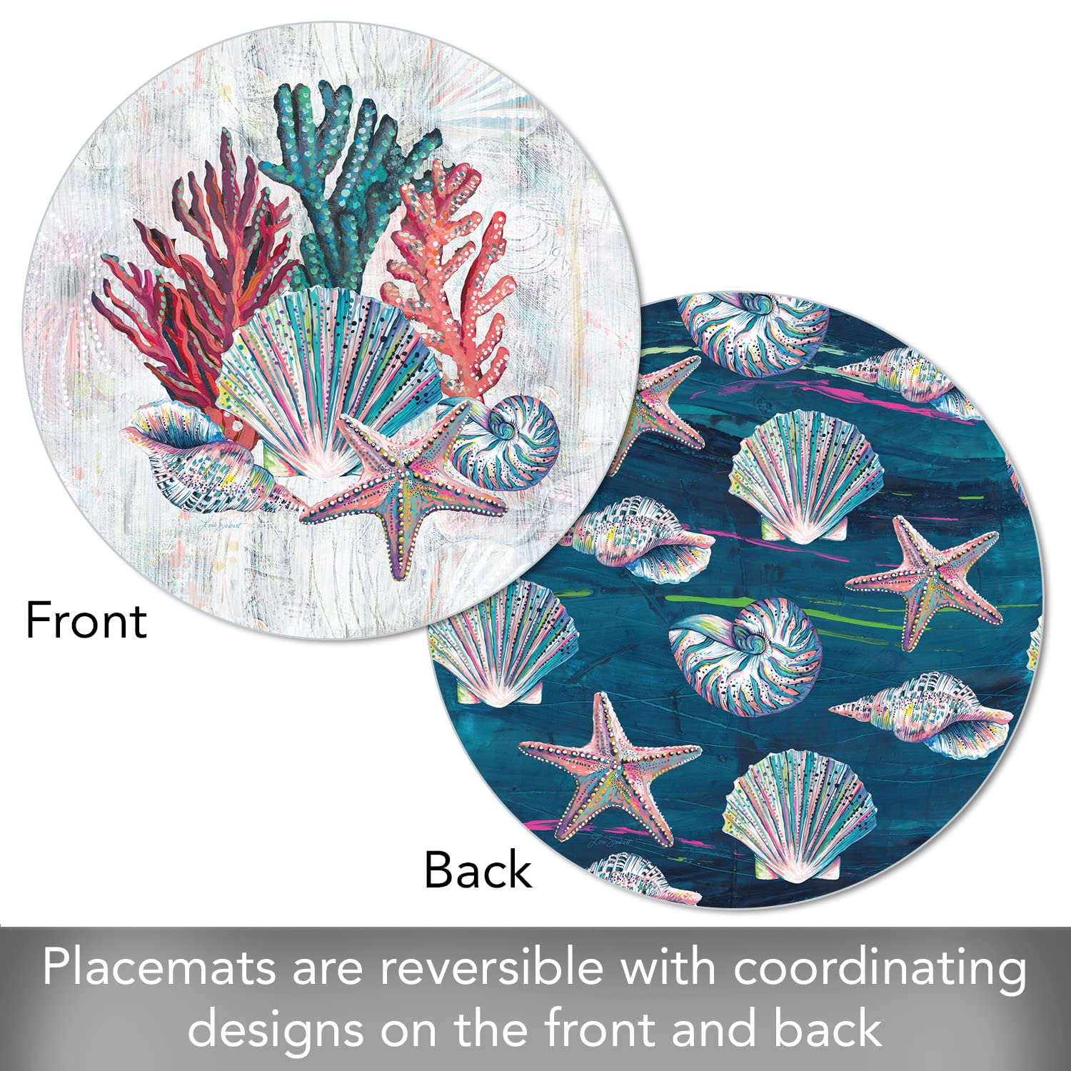 CounterArt Jewels of The Sea 4-Pack Round Reversible Plastic Placemats – Easy Care, Flexible & Wipe Clean – Made in USA – Perfect for Dining Tables, Kitchens & Outdoor Entertaining