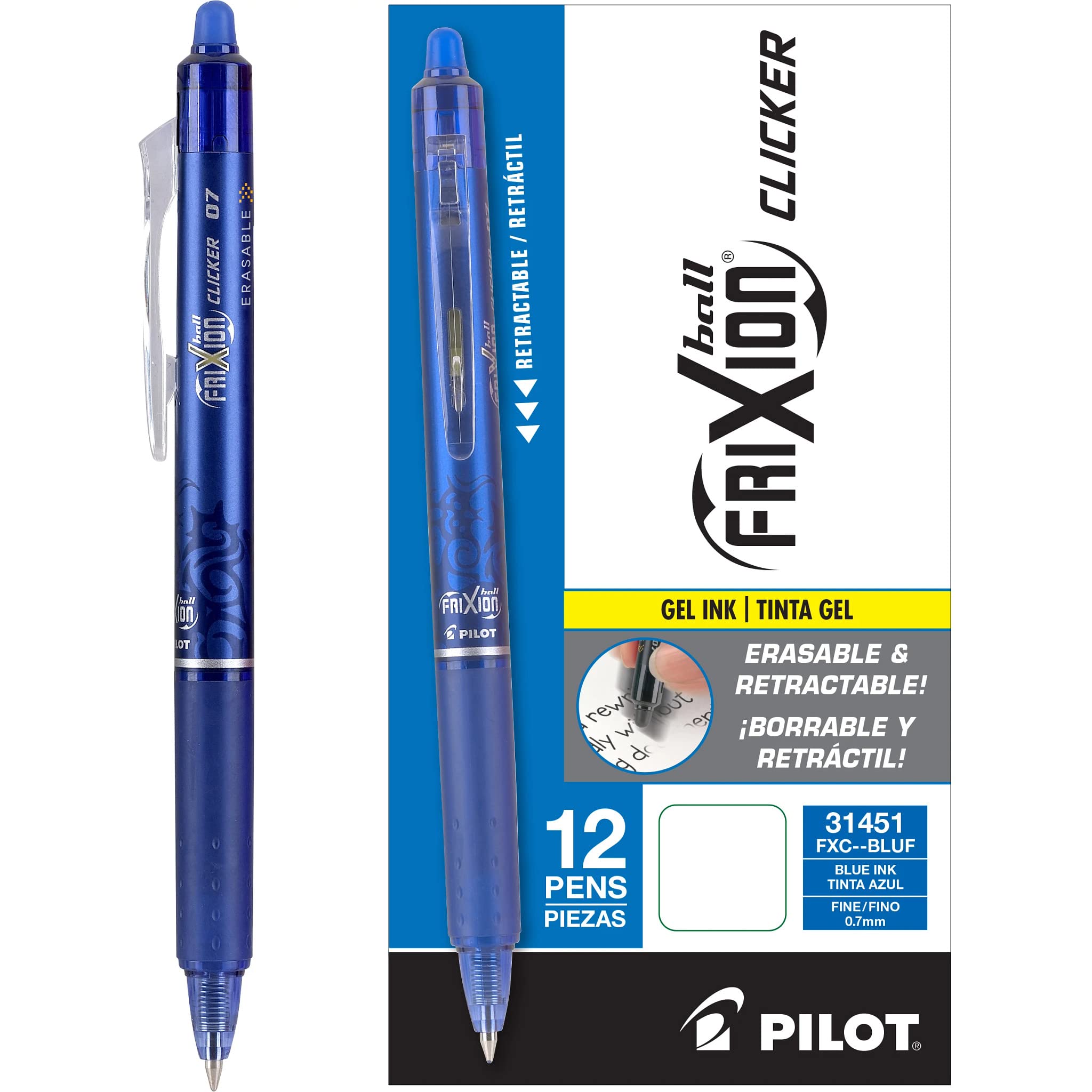 Pilot FriXion Clicker Erasable Gel Pens 0.7mm Fine Point - 12 Pack (144 Pens Total) - Smooth Writing for School, Office & Note Taking - Blue Ink Refillable Gel Pen Set