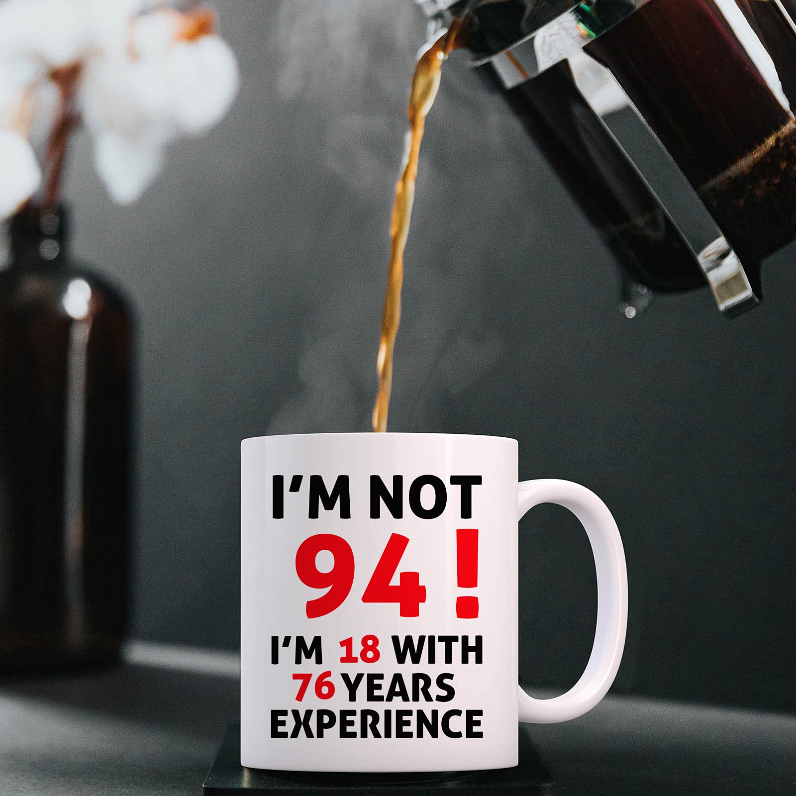 Funny 94th Birthday Gift Coffee Mug - 11oz 'I'm Not 94' Novelty Cup for Women, Men, Dad, Uncle, Brother, Grandpa, Grandma | 1930 Vintage Theme | Perfect 94 Year Old Birthday Present for Tea, Coffee & Office Use