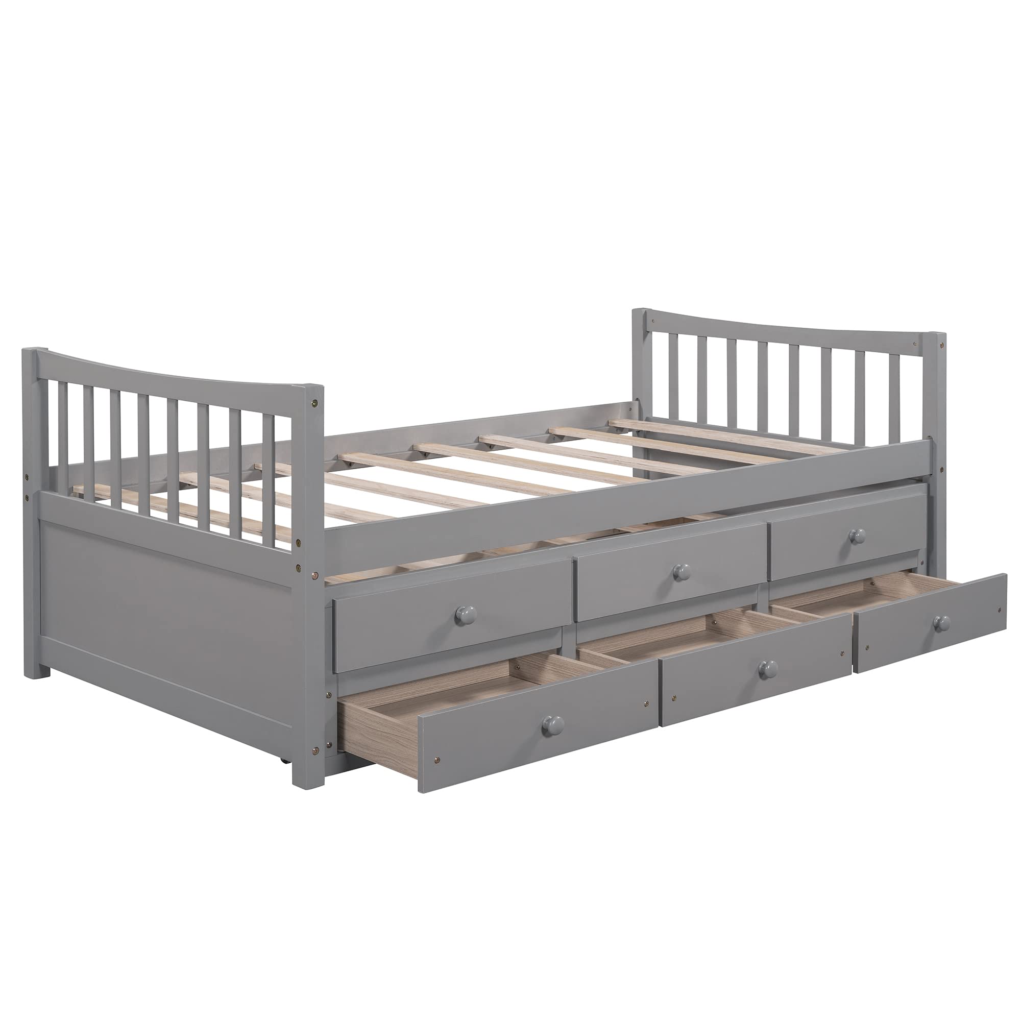Twin Size Daybed with Trundle - Pinewood Platform Bed Frame with 3 Storage Drawers, Convertible Sofa Bed for Kids & Teens Bedroom - Space Saving Gray Furniture for Guest Room, Dorm or Small Spaces