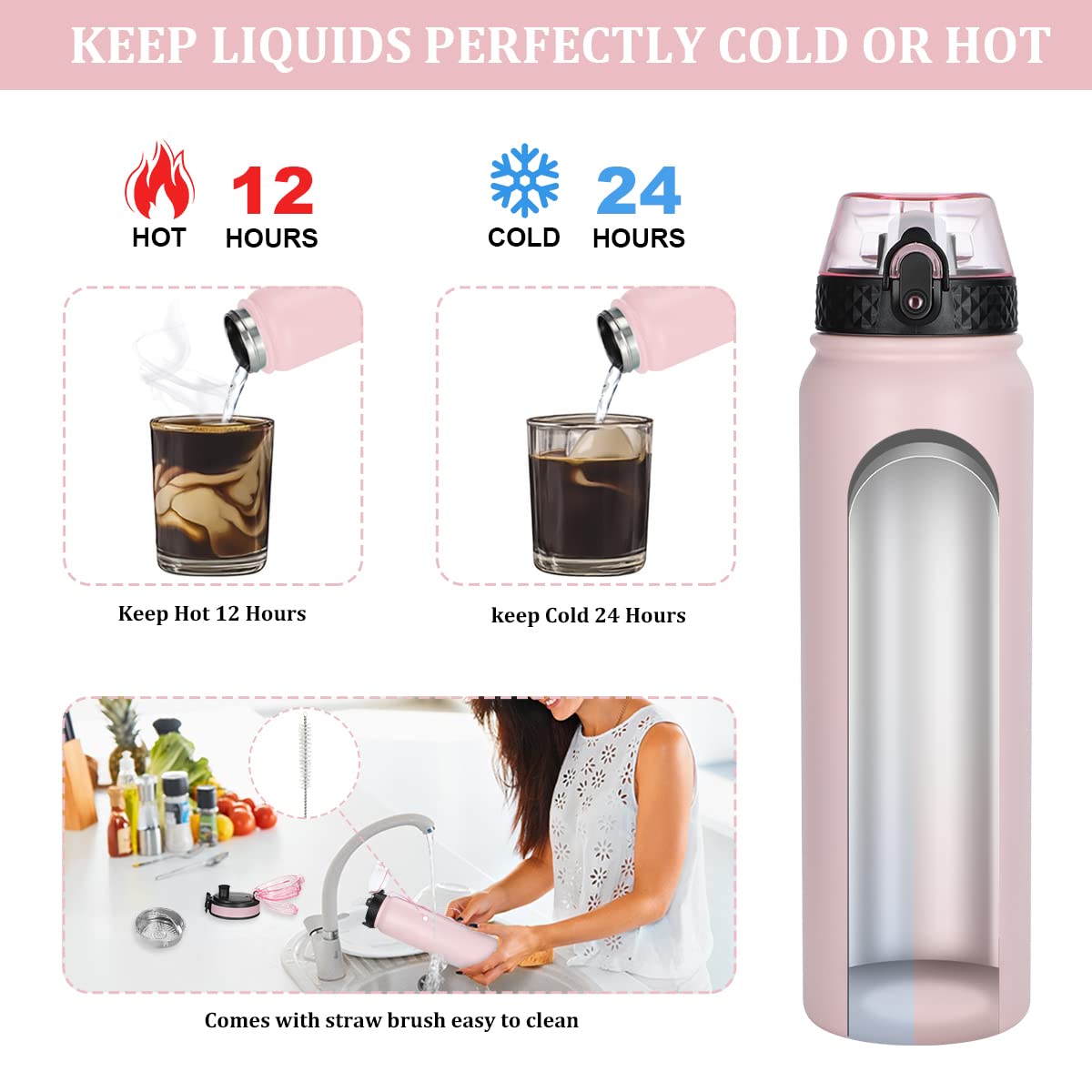 GOPPUS 32 oz Insulated Stainless Steel Water Bottle with Straw & Wide Mouth Lid - Double Wall Vacuum, Leakproof, Reusable Metal Sports Bottle with Strap (Pink, 3 Lids) - Perfect for Gym, Hiking, Running & Outdoor Activities