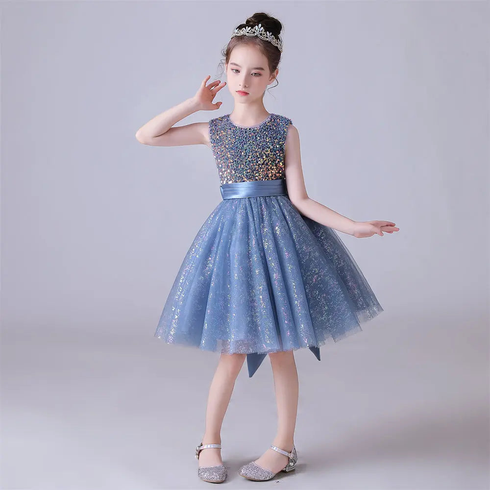 Adorable Sleeveless Flower Girl Dress in Blue Tulle with Sequin Embellishments - Perfect for Weddings, Baptisms & Special Occasions