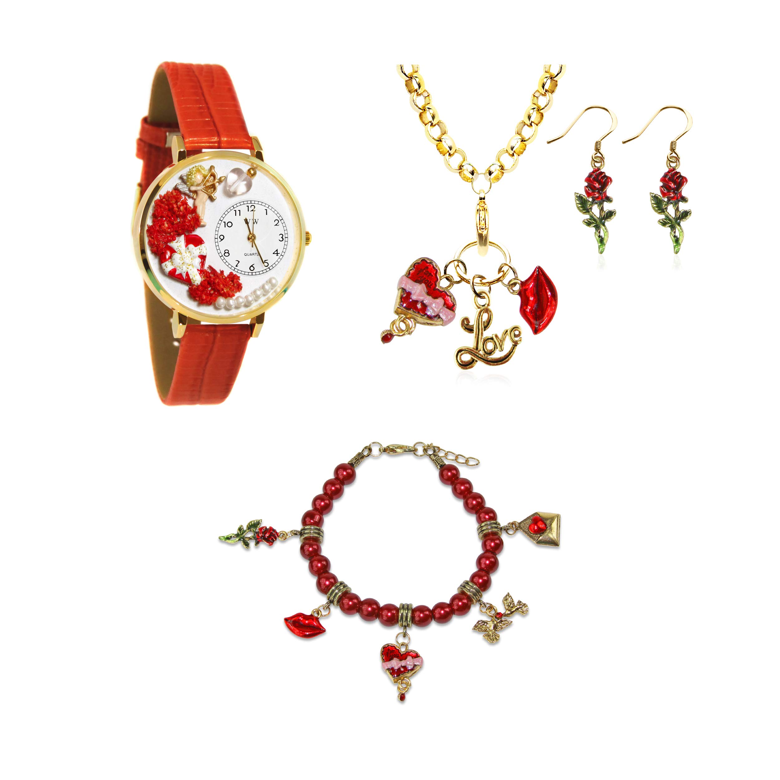 Whimsical Valentine's Day Watch & Jewelry Set (4-Piece Gold Collection) - Perfect Gift for Her, Anniversary & Romantic Occasions