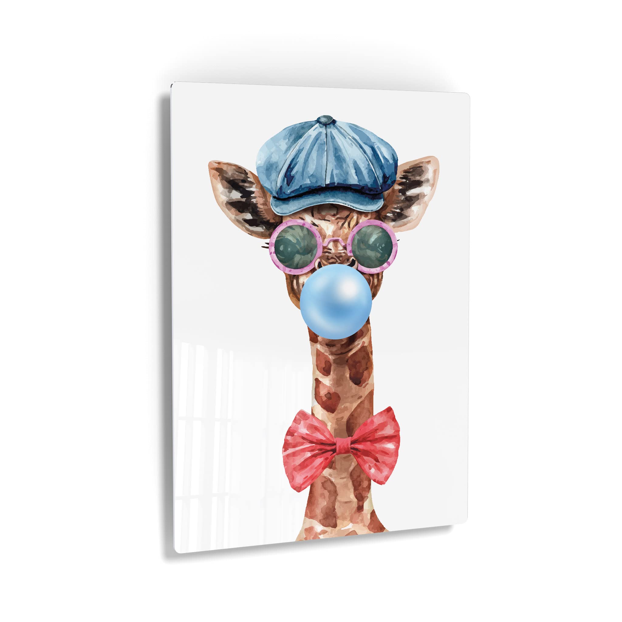 Giraffe Portrait Wall Art - Pop Art Metal Print with Hat & Pink Glasses Chewing Bubble Gum, Safari Animal Decor for Office, Living Room, Bedroom & Nursery (36x24) - Perfect for Kids' Rooms, Modern Home Decor & Unique Gift Ideas