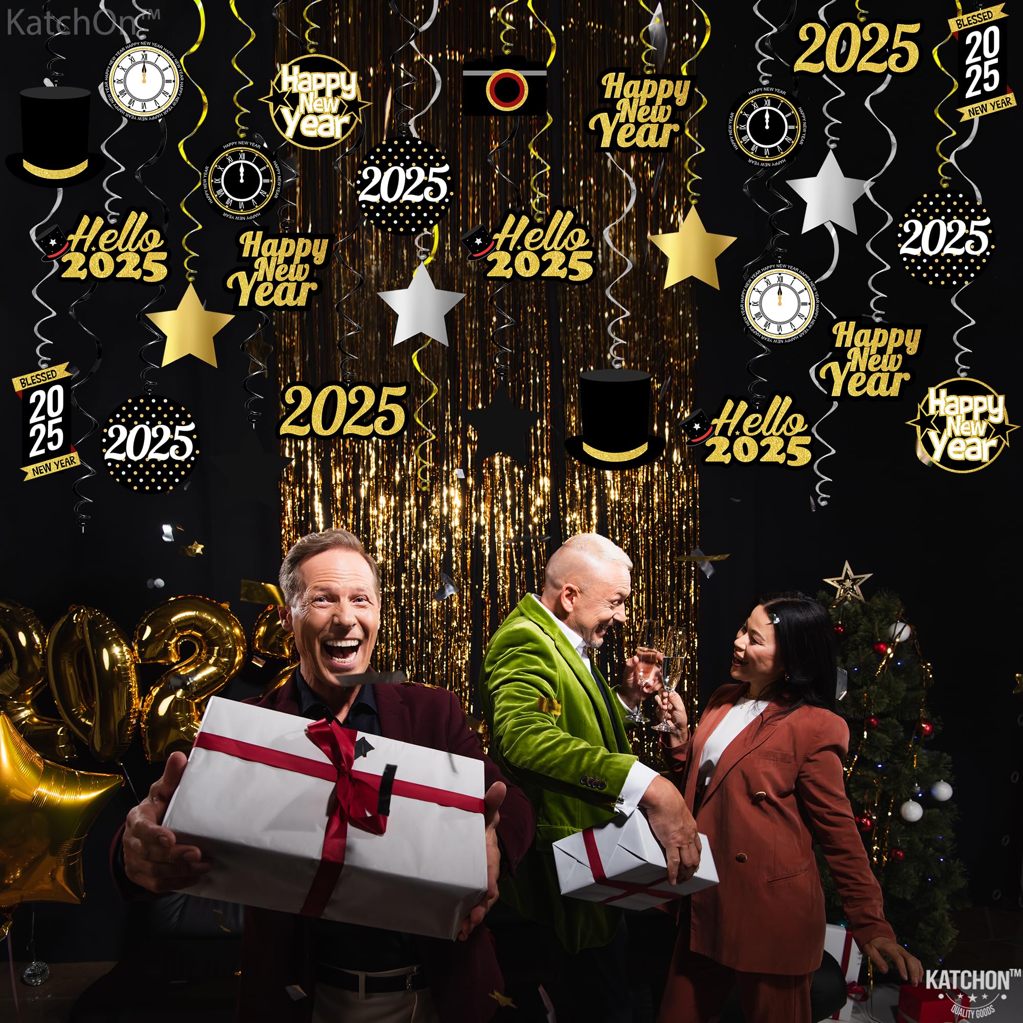 KatchOn 30-Pack Shiny Happy New Year Hanging Swirls - 2025 New Year's Eve Party Supplies & Decorations for Home, Office, and Festive Celebrations