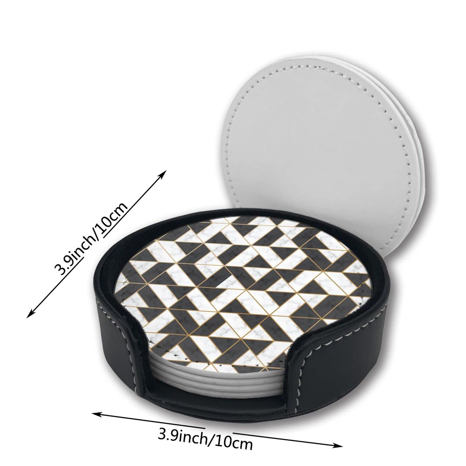 Premium Black White Gold Foil Geometric Leather Coasters with Holder - Set of 6 - Elegant Drink Coasters for Coffee, Wine & Cocktail Glasses - Perfect for Home, Office & Party Decor
