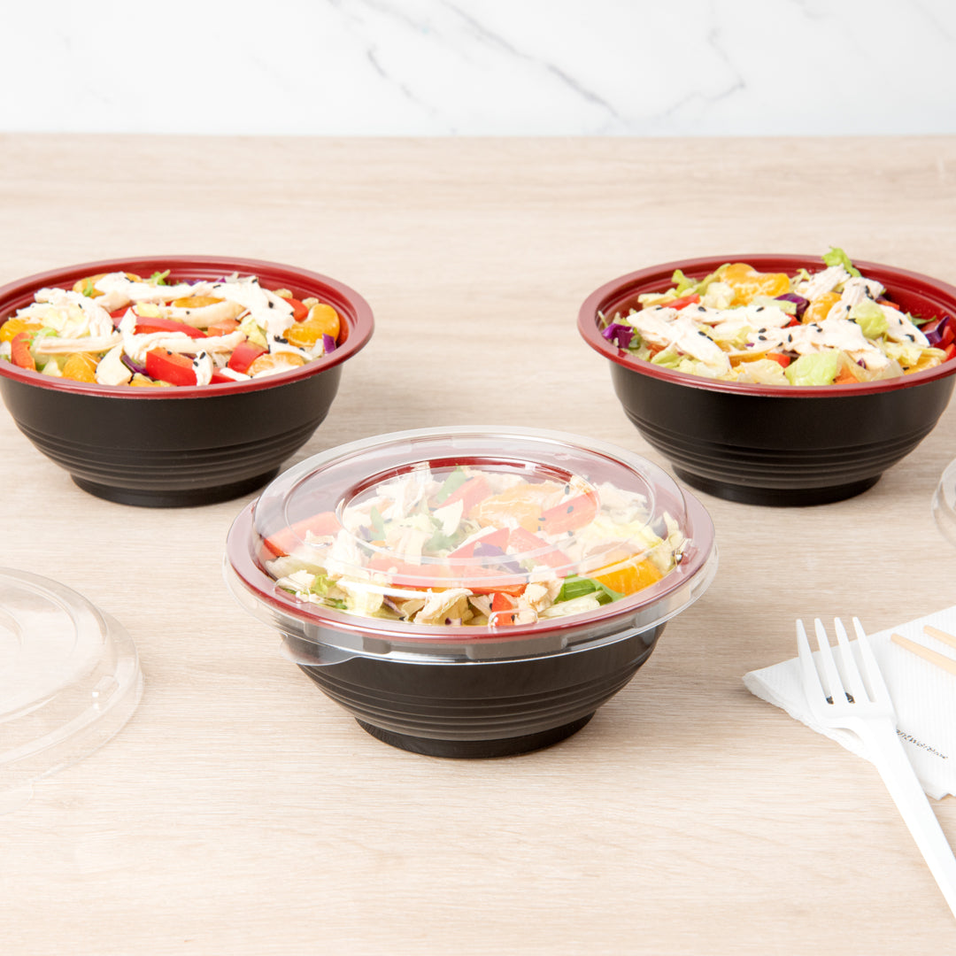 18 oz Round Black and Red Plastic Panda Bowl with Clear Lid - Microwave Safe, BPA-Free (6 x 6 x 2.5 Inches) - Bulk Pack of 200 - Perfect for Asian Restaurants, Takeout Meals, and Home Meal Prep