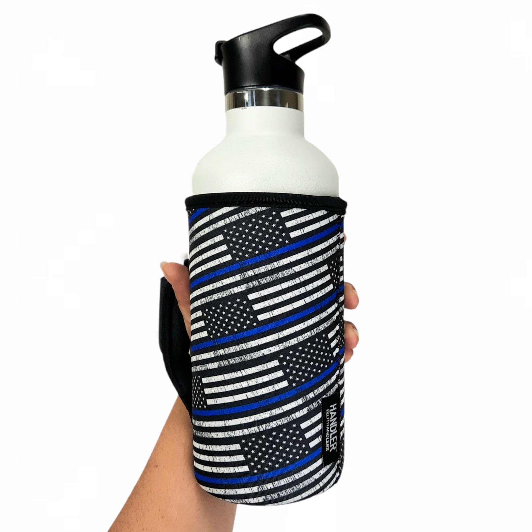 Lit Handlers Tumbler Sleeve with Handle - 30-38oz Neoprene Cup Cover & Insulated Drink Holder with Pocket - Waterproof Beverage Insulator for Beer, Cans & Shaker Bottles - Perfect for Beach, Pool, Gym & Outdoor Activities (Back the Blue Support)