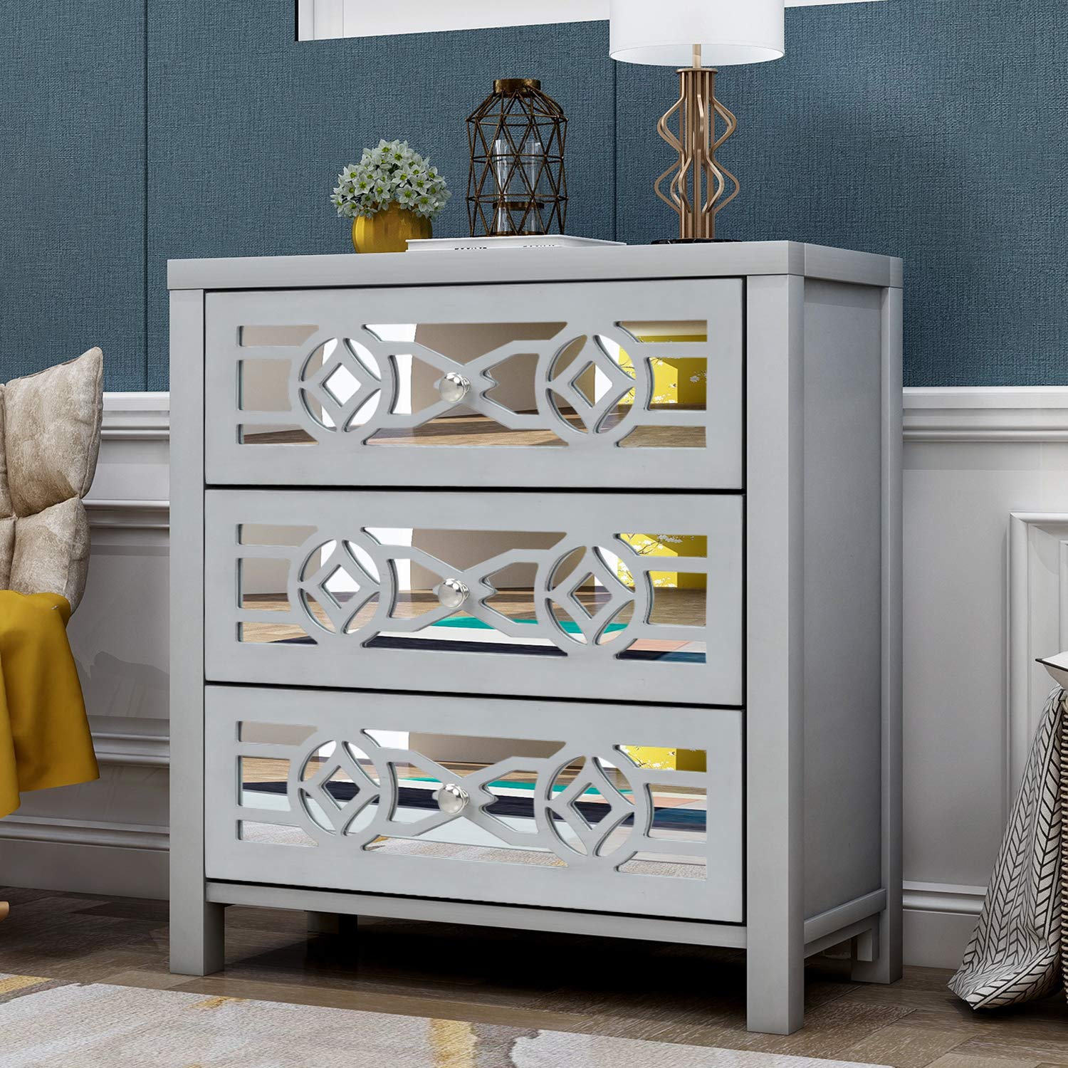 Vintage Wood Storage Cabinet with 3 Drawers & Mirror - Home & Bedroom Organizer