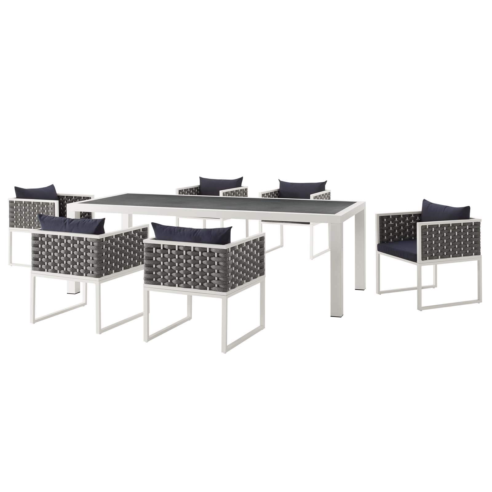 Modern Outdoor Patio Furniture Set - 5-Piece Aluminum Dining Chairs & Table with Weather-Resistant Navy Blue & White Fabric for Backyard, Garden, Poolside or Deck