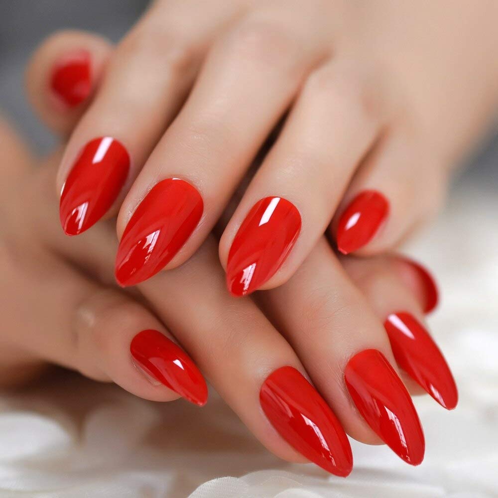 Sharp Stiletto Press On Nails - Bright Red Fake Nails with Glue Sticker | Pointed False Nails Tips for Women | Perfect for Parties, Weddings & Special Occasions