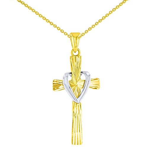 14K Two Tone Gold Textured Cross Pendant Necklace with Heart Charm - High Polish Finish for Women, Perfect for Gifts, Valentine's Day & Everyday Elegance