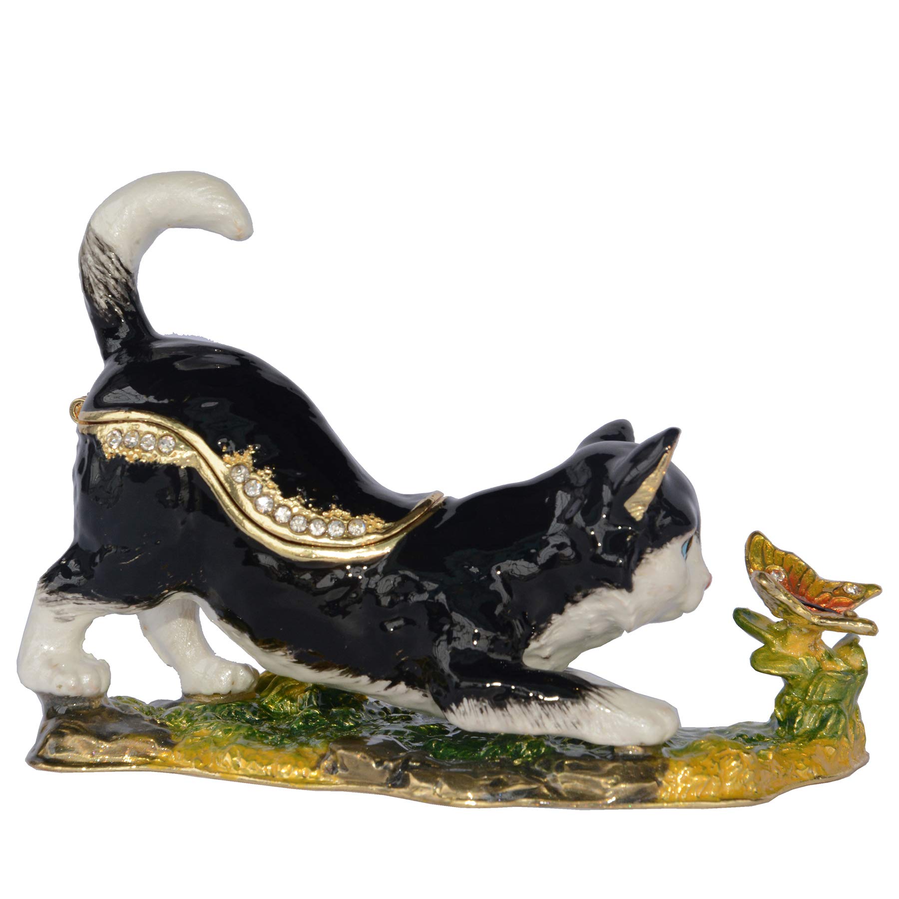 Hand-Painted Black Cat Trinket Box - Hinged Lid Jewelry Storage Box with Ring & Earring Holder - Decorative Cat Figurine Collectible for Home Décor & Gift Giving