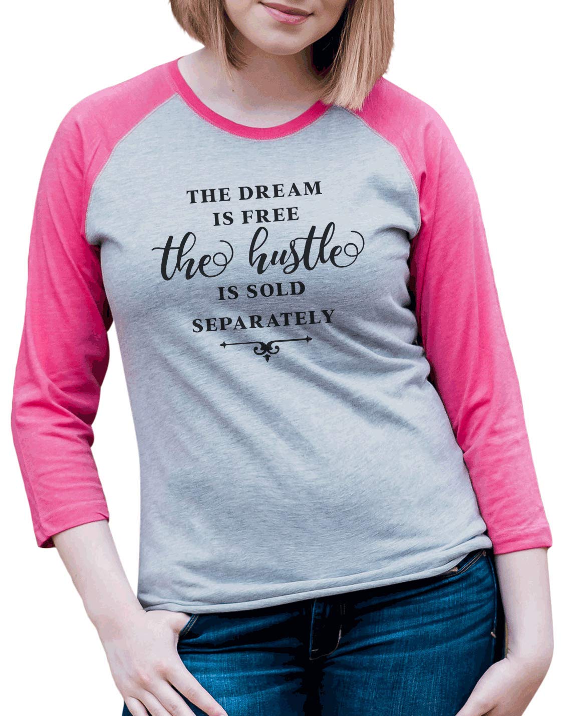 7 ate 9 Apparel Women's Motivational Hustle Raglan T-Shirt - Soft Pink Long Sleeve Workout Top for Gym, Yoga & Casual Wear