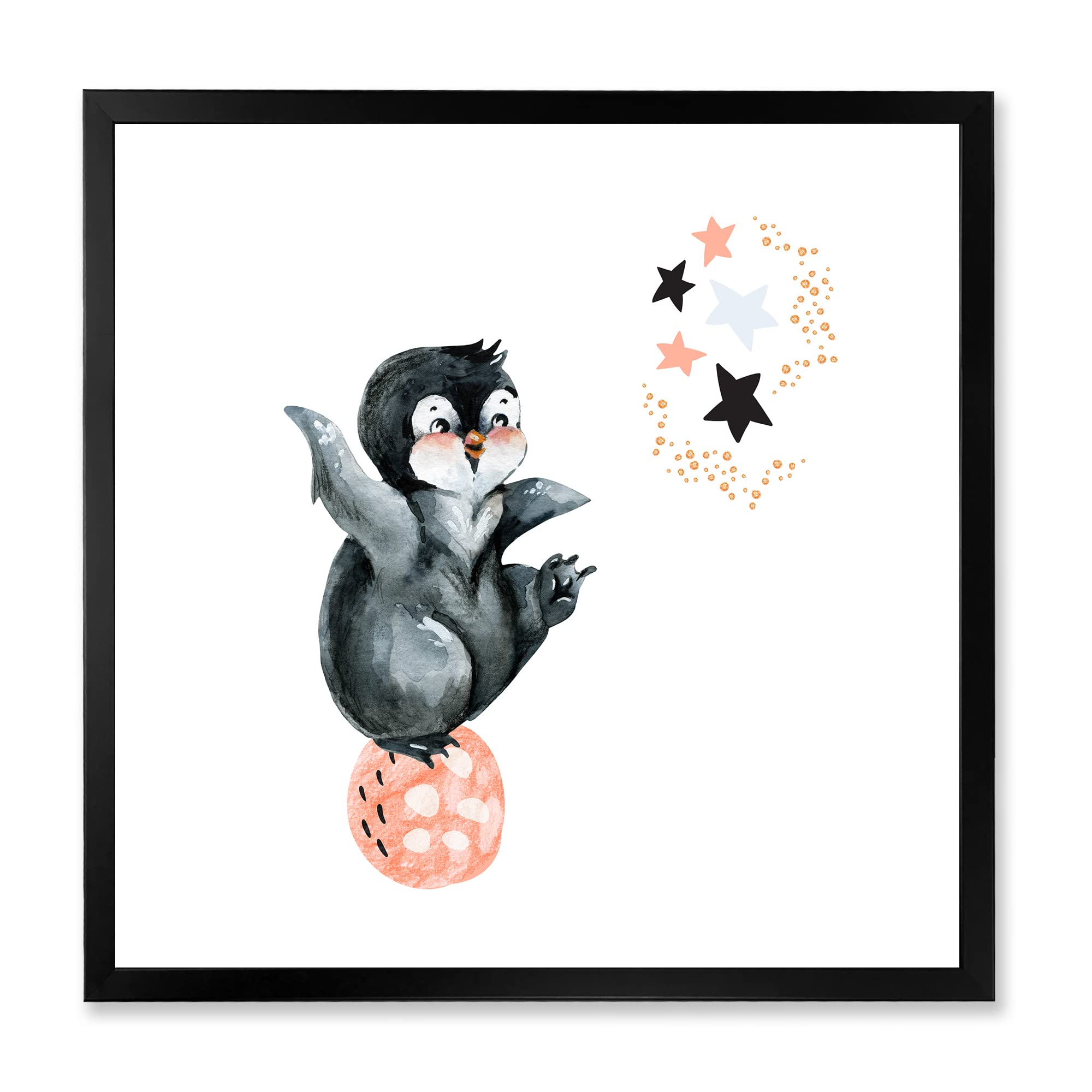DesignQ Little Penguin with Stars and Planets II - Farmhouse Framed Wall Art Decor for Living Room, Nursery & Bedroom - Cute Animal Painting for Home & Office