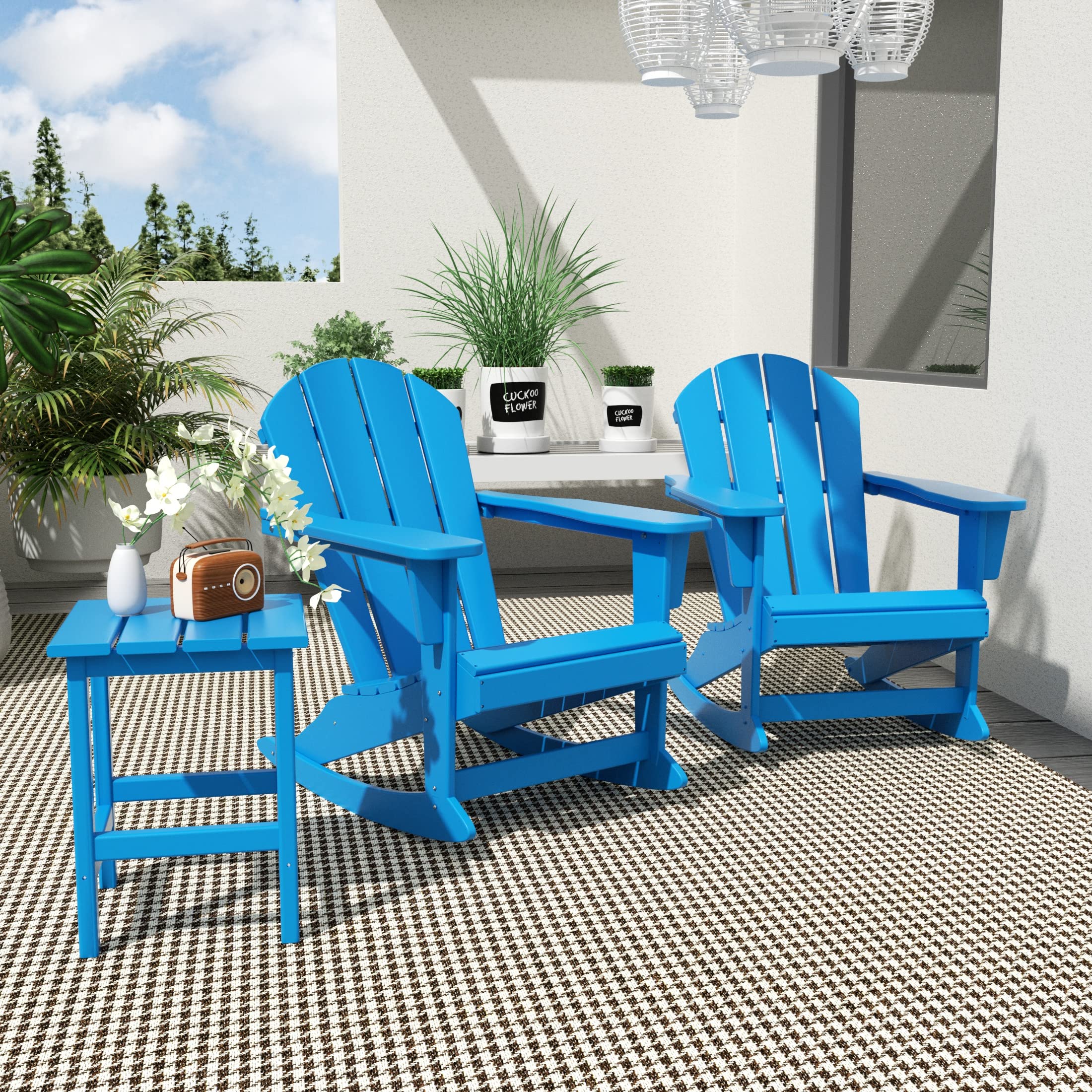 WO Home Furniture 3-Piece Patio Rocking Chair Set - Classic Outdoor Adirondack Rocker Chairs & Table in Pacific Blue - Perfect for Backyard, Garden, Porch & Poolside Relaxation
