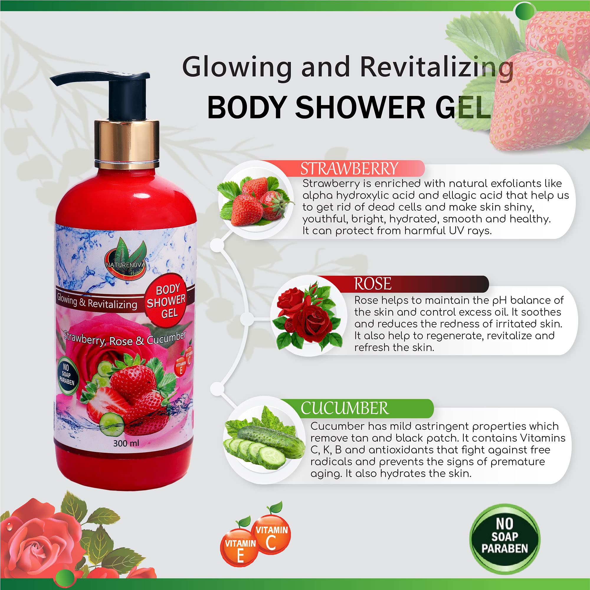 NATURENOVA HERBALS Glowing & Revitalizing Body Shower Gel - Strawberry, Rose & Cucumber Scent | Paraben-Free, Soap-Free | 300ml | Hydrating & Refreshing for Daily Shower & Spa Relaxation