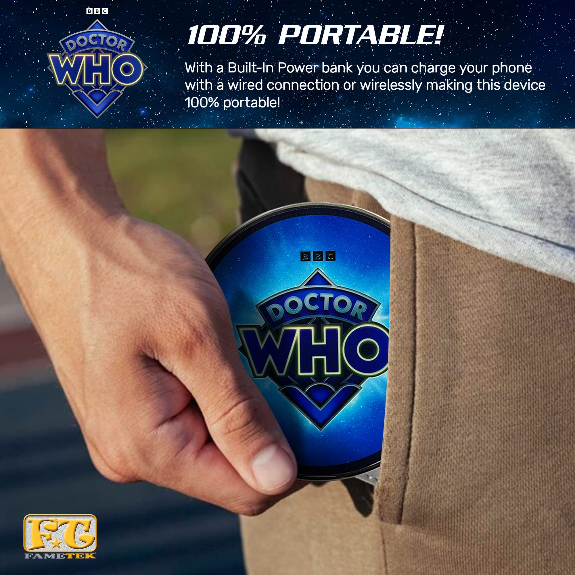 Doctor Who 60th Anniversary Logo Wireless Charger with Backup Battery - Fast Qi Charging Pad & USB Port | Portable Phone Charger with LED Light-Up TARDIS Design | Perfect Doctor Who Gifts for Fans, Office Desk & Travel Accessories