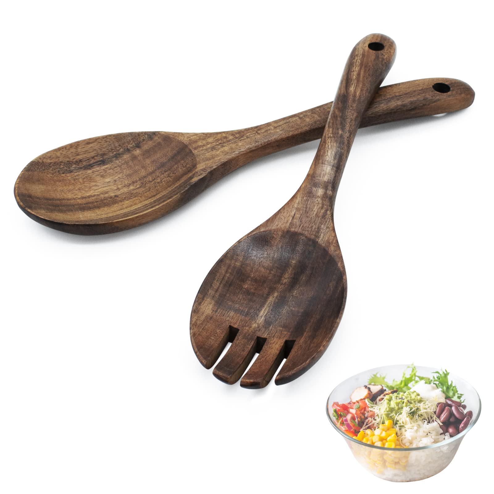 2PCS Acacia Wood Salad Servers Set - 10 Inch Long Handle Salad Tongs with Spoon & Fork - Natural Wooden Cooking Utensils for Kitchen, Mixing Bowls, Dinner Parties & Picnics