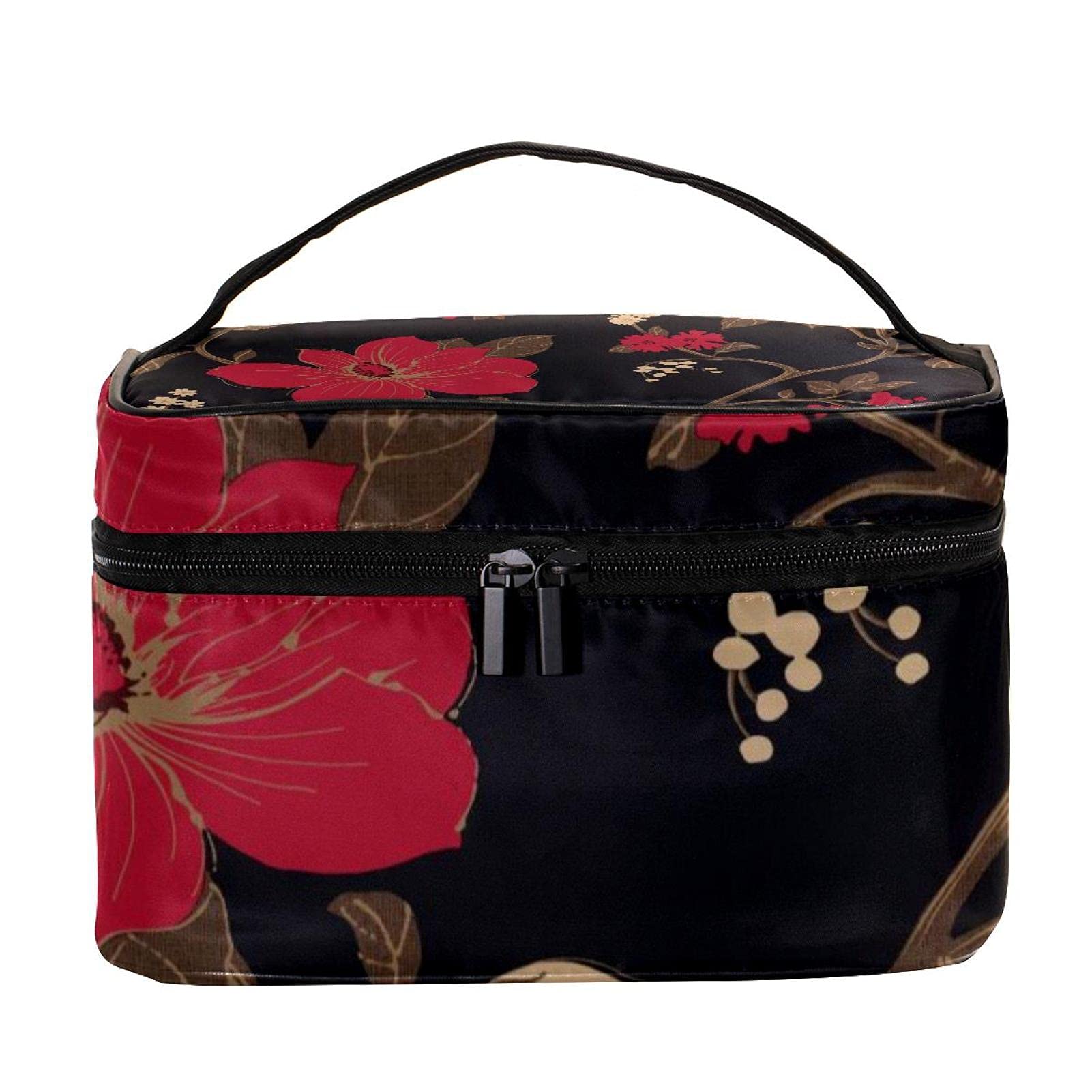 Vintage Red Floral Travel Makeup Bag - Large Cosmetic Organizer with Zipper for Women & Girls | Perfect for Toiletries, Cosmetics, and Travel Essentials