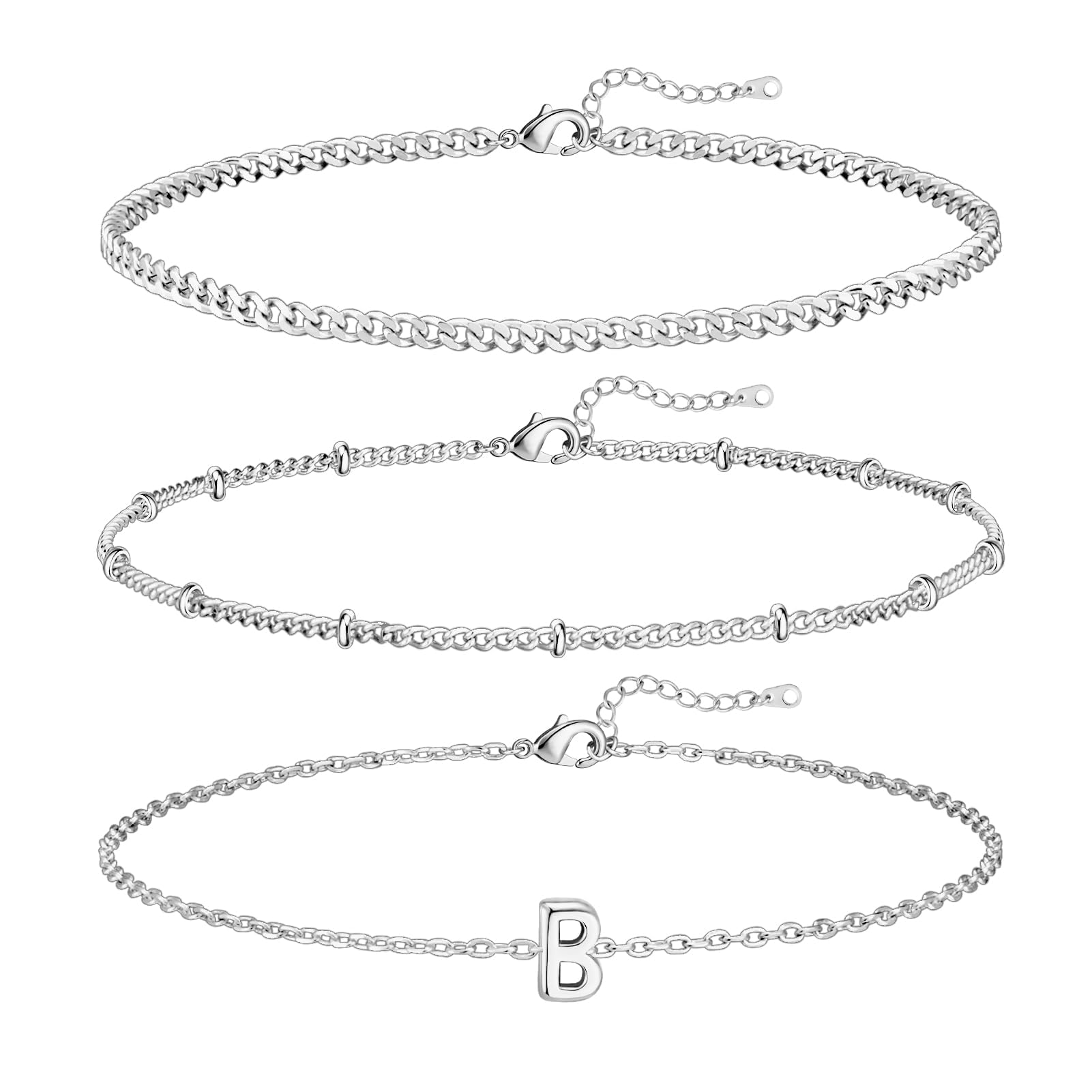 3 Pcs 14K Gold Plated Initial Bracelets for Women - Stackable Letter Charm A-Z Monogram Jewelry Set, Anti Tarnish Silver & Gold Bracelet Gift for Her - Perfect for Birthday, Anniversary, Valentine's Day Gifts