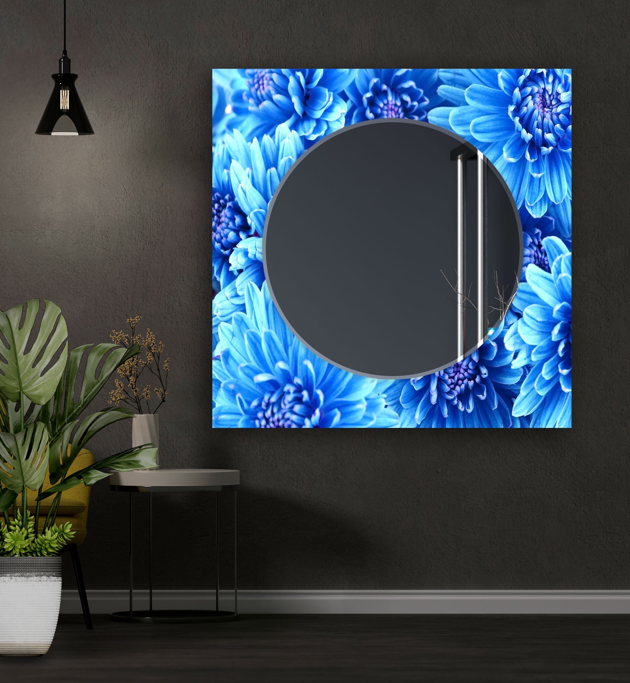 Large Blue Floral Wall Mirror - Elegant Home Decor for Living Room, Bedroom, or Entryway