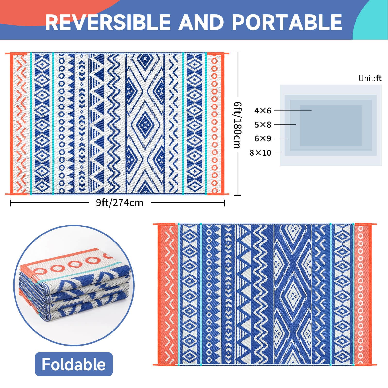 6'x9' Waterproof Outdoor Patio Rug - Durable Plastic Straw Camping Carpet for RV, Porch, Deck & Balcony | All-Weather, UV Resistant | Perfect for Camping, Backyard, Picnic & Outdoor Gatherings (Blue/Red)