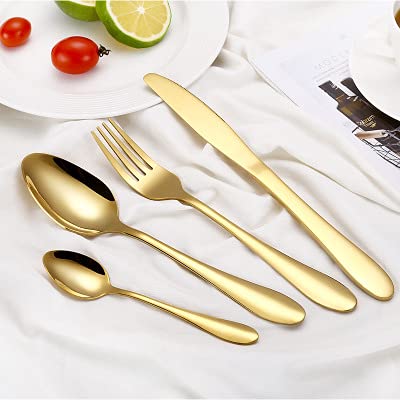 24-Piece Vintage Silverware Flatware Set - Stainless Steel Dinner Knives, Forks & Tablespoons - Gold Cutlery Set for Restaurant & Home Dining | Elegant Tableware for Weddings, Parties & Formal Dinners