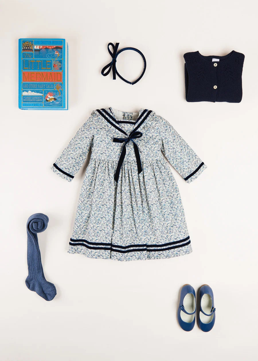 Evelyn Floral Mariner Dress for Girls - Cute Navy Blue Sailor Style Dress for Summer, Beach, and Special Occasions
