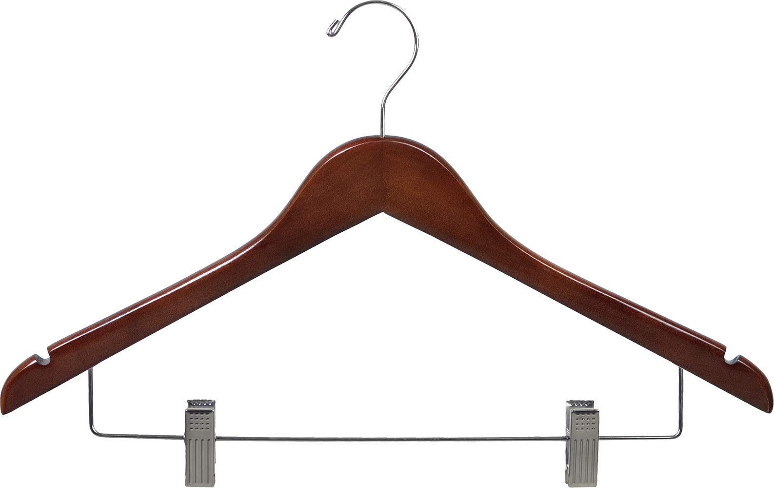 Premium Wooden Combo Hangers with Walnut Finish - 17 Inch Flat Hanger with Adjustable Cushion Clips & Chrome Swivel Hook (Set of 100) - Ideal for Closet Organization, Retail Stores & Luxury Garment Display by The Great American Hanger Company