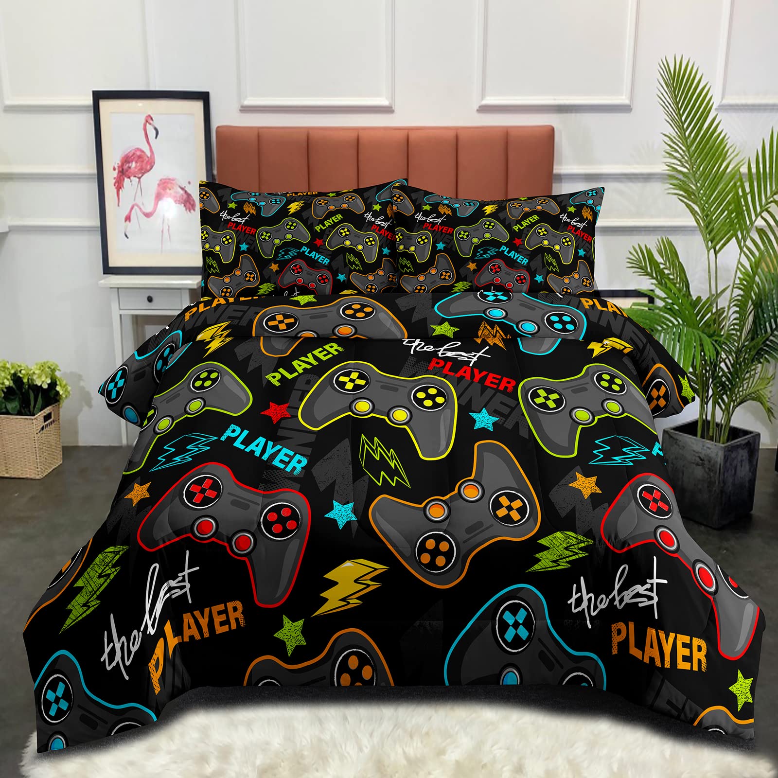 NINENINE Gaming Comforter Set Queen Size - Video Game Controller Design Bedding with Matching Pillowcase for Boys, Teens & Kids - Perfect for Gamers' Bedroom Decor and Sleepovers (Includes 1 Comforter + Pillowcase) #5067