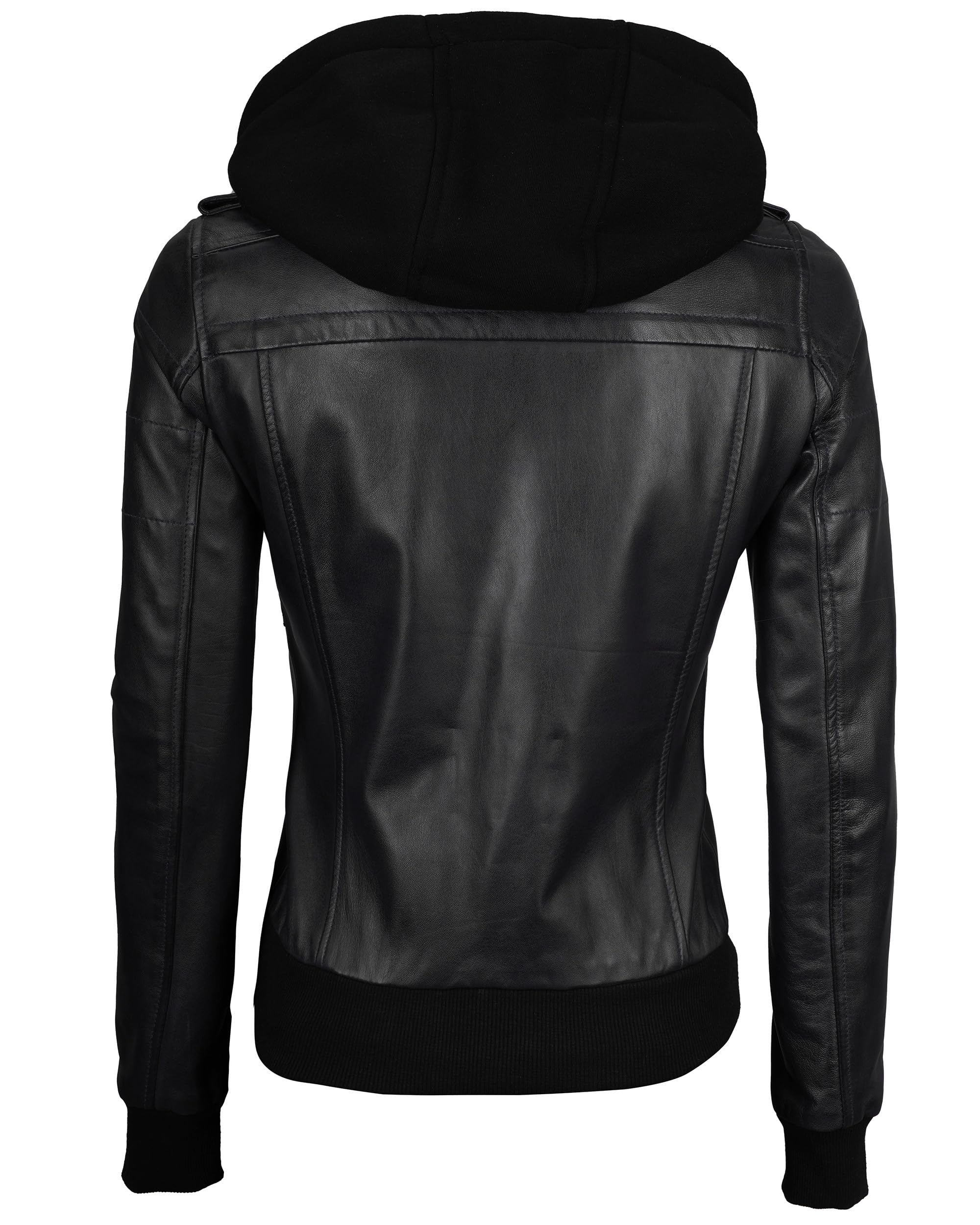 Genuine Lambskin Bomber Jacket for Women - Real Leather Jacket with Detachable Hood | Stylish Outerwear for Casual, Night Out & Fall Fashion