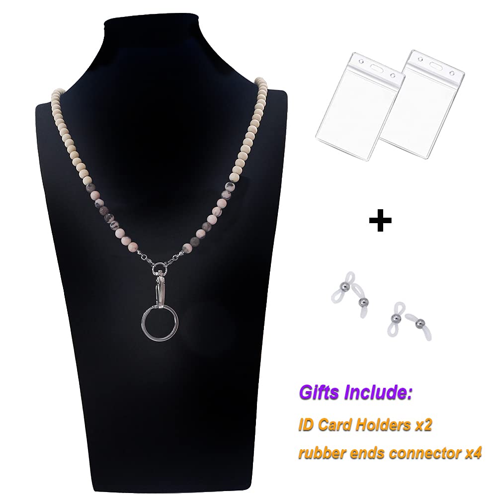 Wooden Beaded Lanyard for ID Badges & Keys - Pink Zebra Jasper - Office & Event Use