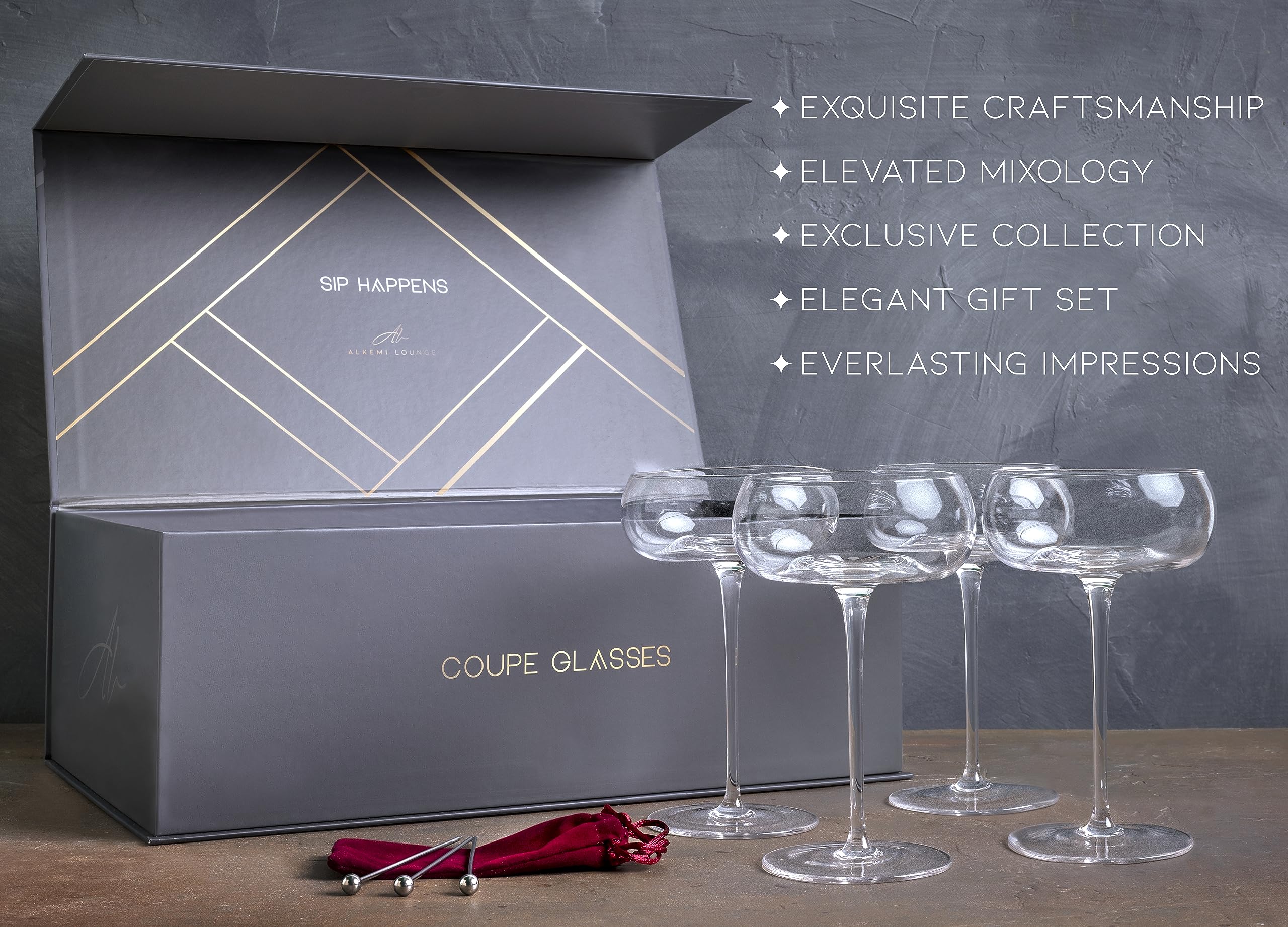 Premium Handcrafted 8 Oz Coupe Glasses Set of 4 - Vintage Champagne & Martini Glasses with Garnish Picks - Luxury Cocktail Glasses in Gift Box - Perfect for Home Bars, Wedding Toasts & Cocktail Parties
