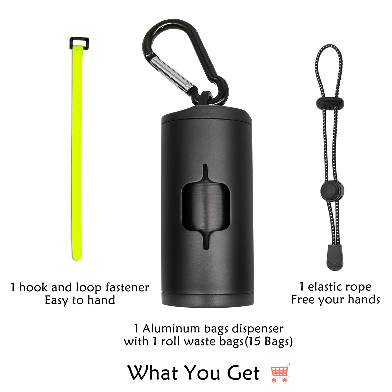 Durable Aluminum Dog Poop Bag Holder with Carabiner Clip - Metal Pet Waste Dispenser with Hook & Loop Fastener, Elastic Cord for Used Bags (Black, 2 Holders & 30 Bags) - Perfect for Walking, Hiking & Outdoor Pet Cleanup