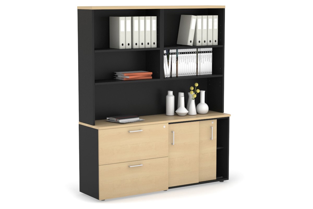 2-Door Sliding Credenza with 2 Drawers & Open Hutch - Modern Office Storage Cabinet for Files, Supplies & Decor - Perfect for Home Office, Conference Rooms & Workspaces
