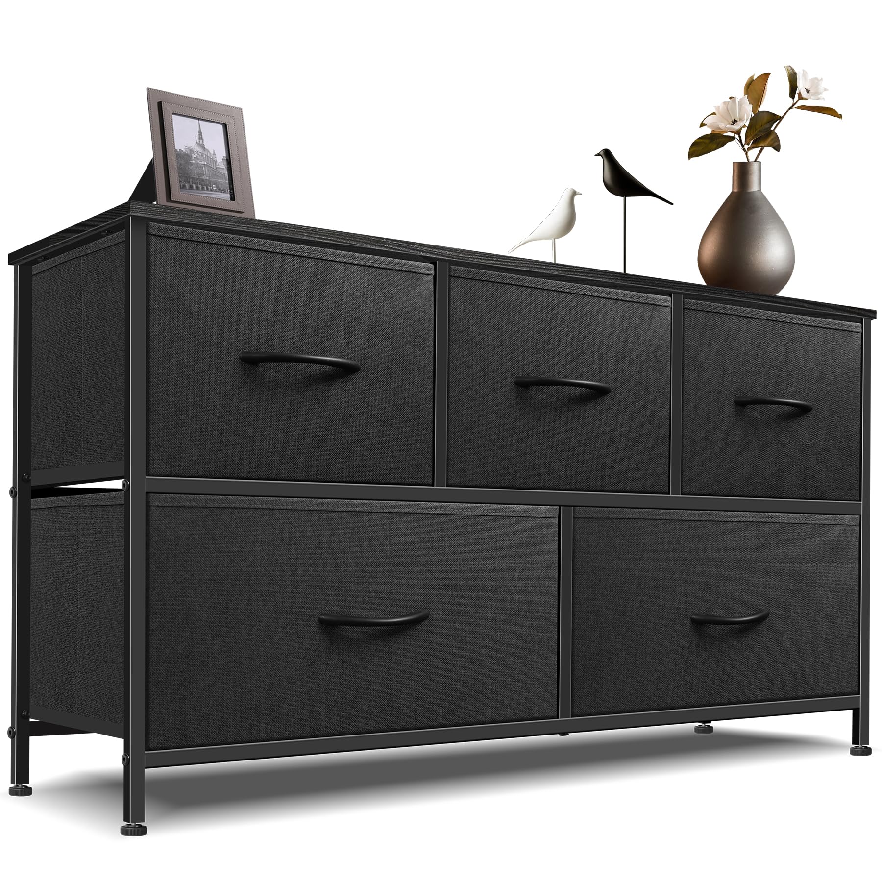 5-Drawer Fabric Dresser for Bedroom - Black & Charcoal Storage Chest with Removable Bins | Closet Organizer, Living Room Furniture & Entryway Storage Solution | Space-Saving Dresser for Small Spaces & Apartment Organization