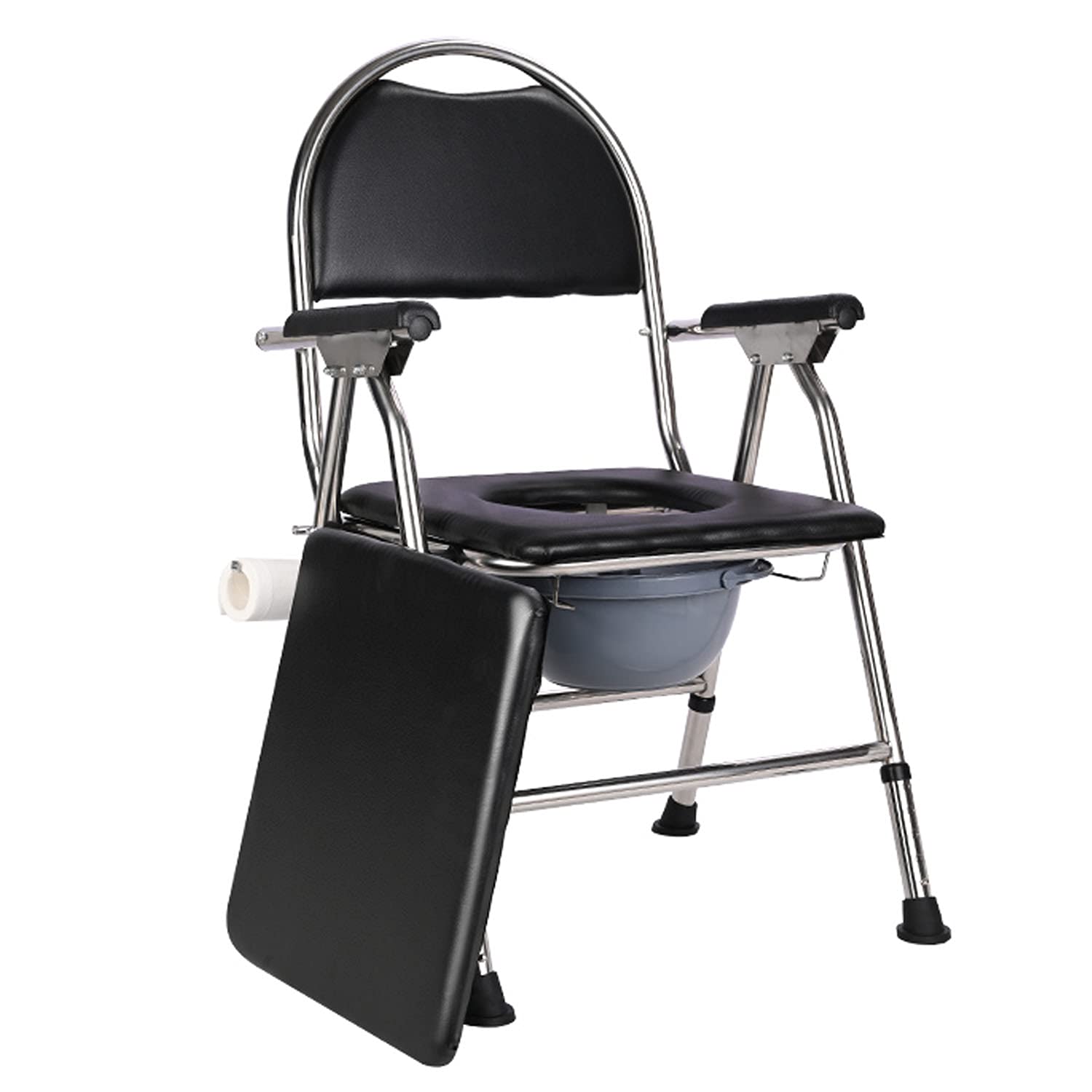 Adjustable Height 3-in-1 Commode Folding Bedside Chair with Soft Cushion & Paper Towel Holder - Portable Toilet Bath Shower Seat with Bucket for Elderly & Disabled - Tool-Free Assembly for Home Care & Hospital Use