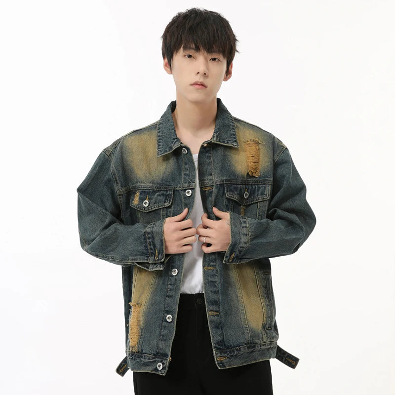 Men's Distressed Denim Jacket - American Style Faded Contrast Color Turn-Down Collar Coat | Trendy Fall Outerwear for Casual Wear & Street Style
