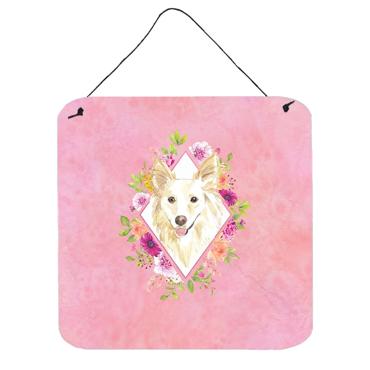 Caroline's Treasures CK4201DS66 White Collie with Pink Flowers Metal Wall Art - 6x6 Inch Aluminum Sign for Kitchen, Bar, Bathroom Decor - Perfect for Farmhouse, Cottage & Pet Lover Home Décor