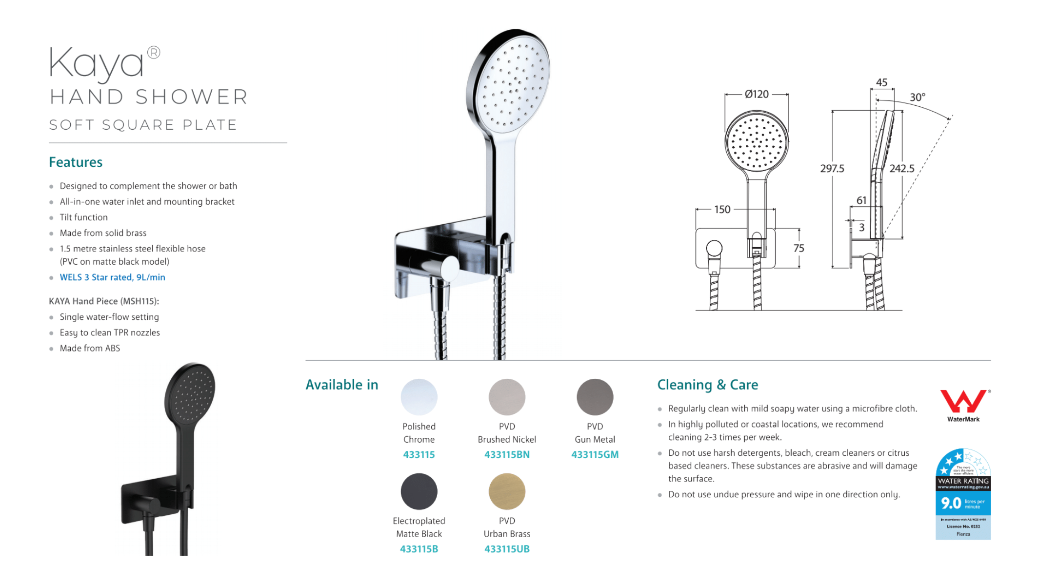 Fienza Kaya Handheld Shower Head - Gunmetal Grey Finish for Bathroom & Spa Relaxation