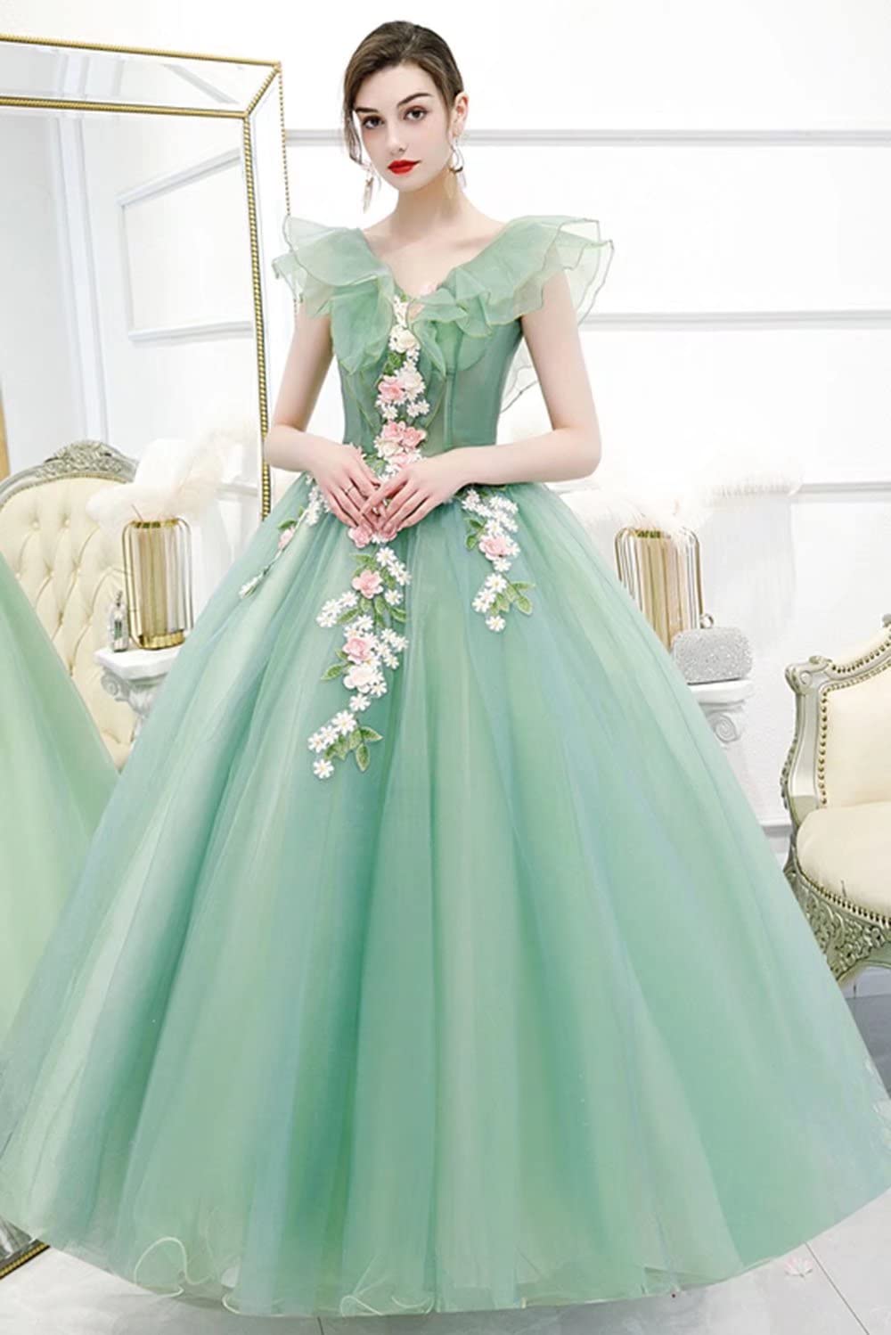 FTBY Women's Long Tulle Ball Gown - V Neck Plus Size Prom Dress with Applique for Quinceañera, Wedding & Special Occasions | Elegant Formal Evening Gown for Parties & Dances
