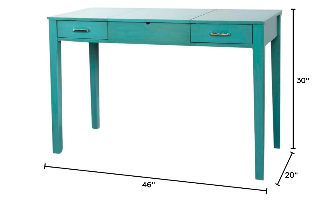 Hives and Honey Ainsley Vanity Desk with Lift-Top Mirror - Modern Wood Grain Makeup Dressing Table with 2 Drawers, USB & Power Outlet, Smooth Glide & Brushed Chrome Hardware - Perfect for Bedroom, Dorm, or Apartment Beauty & Organization (Turquoise)