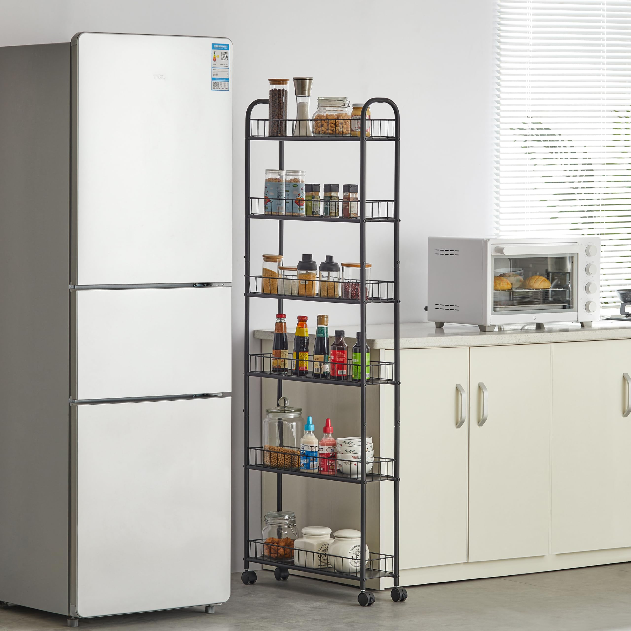 JOIN IRON 6-Tier Slim Rolling Storage Cart - Ultra-Thin Metal Utility Cart with Wheels for Kitchen, Bathroom, Bedroom, Office - Space-Saving Organizer (6